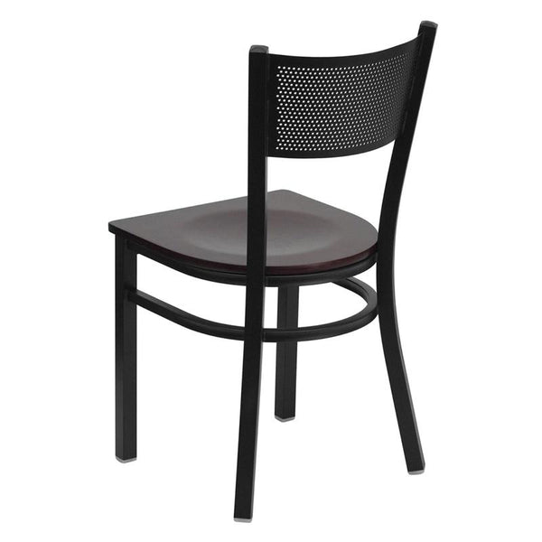 Flash Furniture HERCULES Series Black Grid Back Metal Restaurant Chair - Mahogany Wood Seat - XU-DG-60115-GRD-MAHW-GG