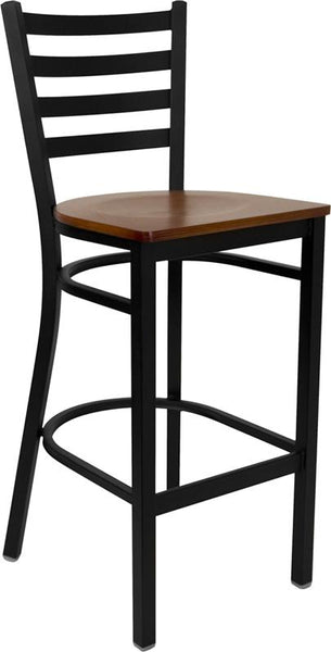 Flash Furniture HERCULES Series Black Ladder Back Metal Restaurant Barstool - Cherry Wood Seat - XU-DG697BLAD-BAR-CHYW-GG