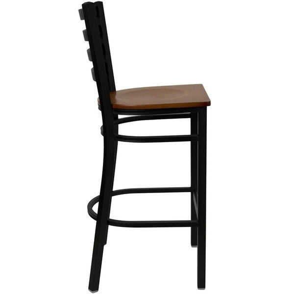 Flash Furniture HERCULES Series Black Ladder Back Metal Restaurant Barstool - Cherry Wood Seat - XU-DG697BLAD-BAR-CHYW-GG