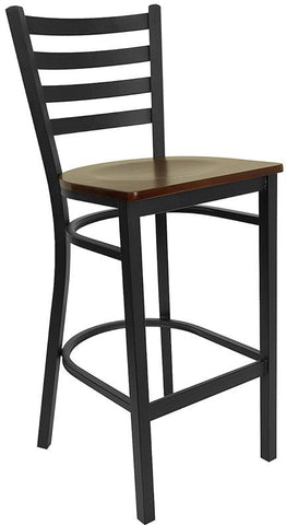 Flash Furniture HERCULES Series Black Ladder Back Metal Restaurant Barstool - Mahogany Wood Seat - XU-DG697BLAD-BAR-MAHW-GG