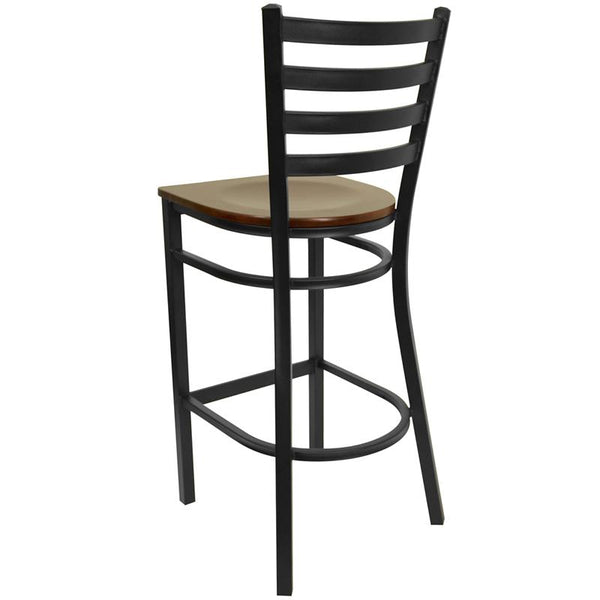 Flash Furniture HERCULES Series Black Ladder Back Metal Restaurant Barstool - Mahogany Wood Seat - XU-DG697BLAD-BAR-MAHW-GG