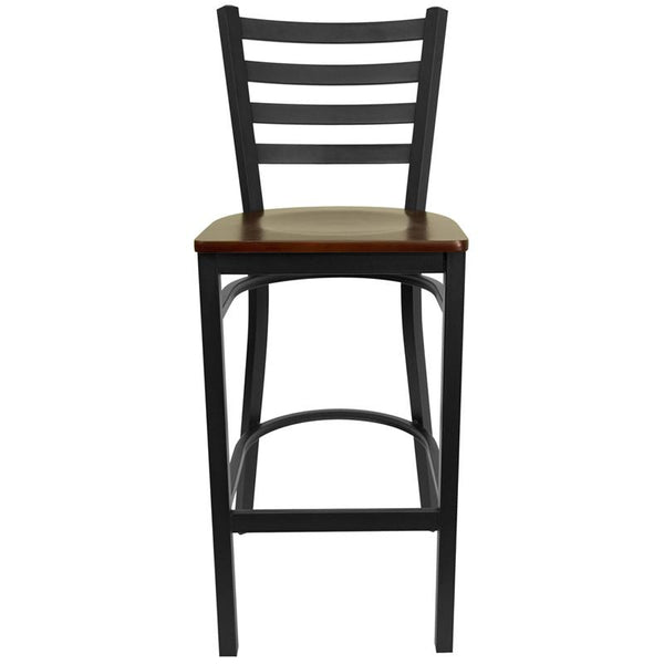 Flash Furniture HERCULES Series Black Ladder Back Metal Restaurant Barstool - Mahogany Wood Seat - XU-DG697BLAD-BAR-MAHW-GG