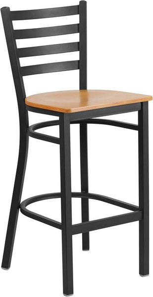 Flash Furniture HERCULES Series Black Ladder Back Metal Restaurant Barstool - Natural Wood Seat - XU-DG697BLAD-BAR-NATW-GG