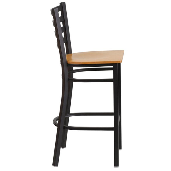 Flash Furniture HERCULES Series Black Ladder Back Metal Restaurant Barstool - Natural Wood Seat - XU-DG697BLAD-BAR-NATW-GG