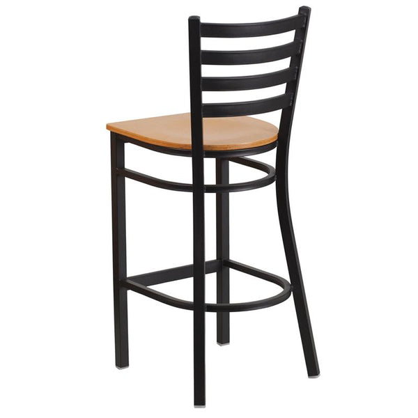 Flash Furniture HERCULES Series Black Ladder Back Metal Restaurant Barstool - Natural Wood Seat - XU-DG697BLAD-BAR-NATW-GG