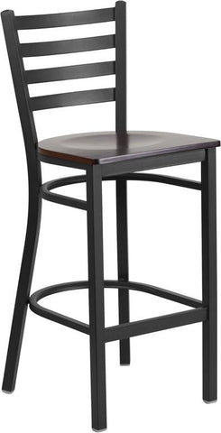 Flash Furniture HERCULES Series Black Ladder Back Metal Restaurant Barstool - Walnut Wood Seat - XU-DG697BLAD-BAR-WALW-GG