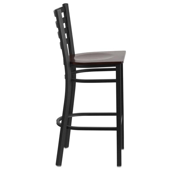 Flash Furniture HERCULES Series Black Ladder Back Metal Restaurant Barstool - Walnut Wood Seat - XU-DG697BLAD-BAR-WALW-GG