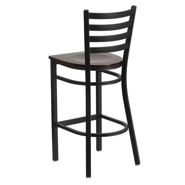 Flash Furniture HERCULES Series Black Ladder Back Metal Restaurant Barstool - Walnut Wood Seat - XU-DG697BLAD-BAR-WALW-GG