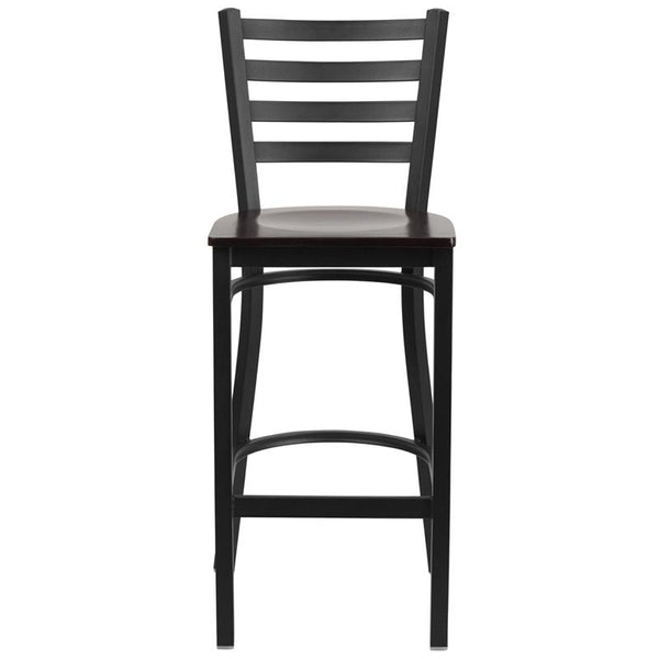 Flash Furniture HERCULES Series Black Ladder Back Metal Restaurant Barstool - Walnut Wood Seat - XU-DG697BLAD-BAR-WALW-GG