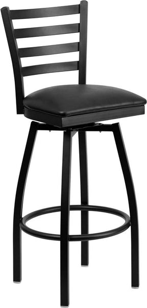 Flash Furniture HERCULES Series Black Ladder Back Swivel Metal Barstool - Black Vinyl Seat - XU-6F8B-LADSWVL-BLKV-GG
