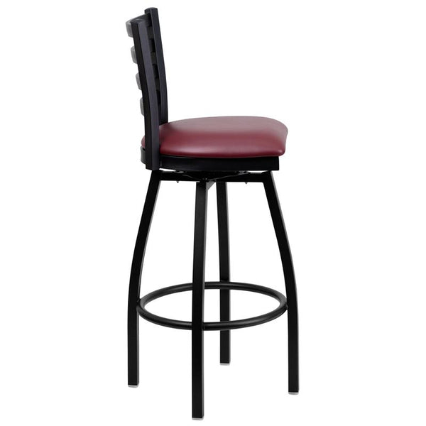 Flash Furniture HERCULES Series Black Ladder Back Swivel Metal Barstool - Burgundy Vinyl Seat - XU-6F8B-LADSWVL-BURV-GG