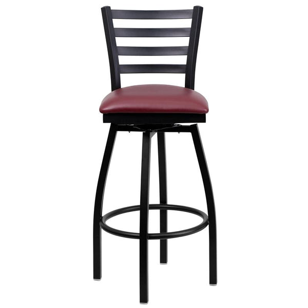 Flash Furniture HERCULES Series Black Ladder Back Swivel Metal Barstool - Burgundy Vinyl Seat - XU-6F8B-LADSWVL-BURV-GG