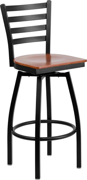 Flash Furniture HERCULES Series Black Ladder Back Swivel Metal Barstool - Cherry Wood Seat - XU-6F8B-LADSWVL-CHYW-GG