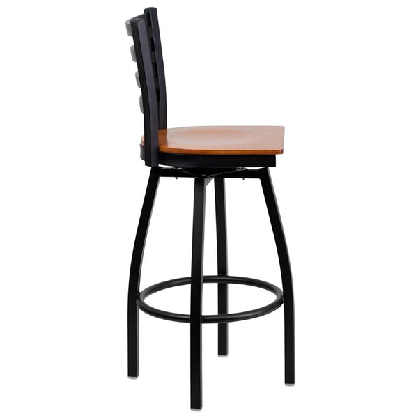 Flash Furniture HERCULES Series Black Ladder Back Swivel Metal Barstool - Cherry Wood Seat - XU-6F8B-LADSWVL-CHYW-GG