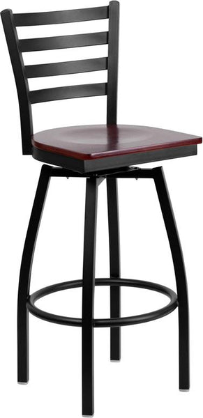 Flash Furniture HERCULES Series Black Ladder Back Swivel Metal Barstool - Mahogany Wood Seat - XU-6F8B-LADSWVL-MAHW-GG