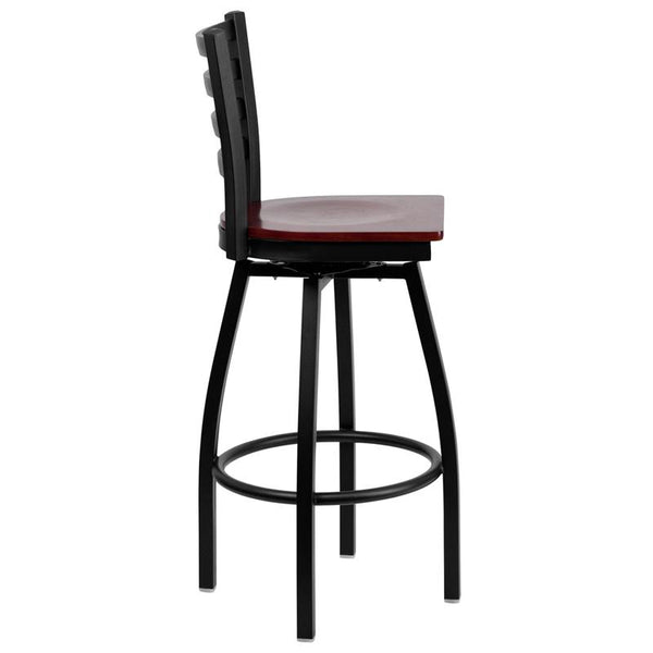 Flash Furniture HERCULES Series Black Ladder Back Swivel Metal Barstool - Mahogany Wood Seat - XU-6F8B-LADSWVL-MAHW-GG