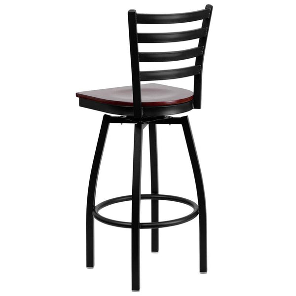 Flash Furniture HERCULES Series Black Ladder Back Swivel Metal Barstool - Mahogany Wood Seat - XU-6F8B-LADSWVL-MAHW-GG