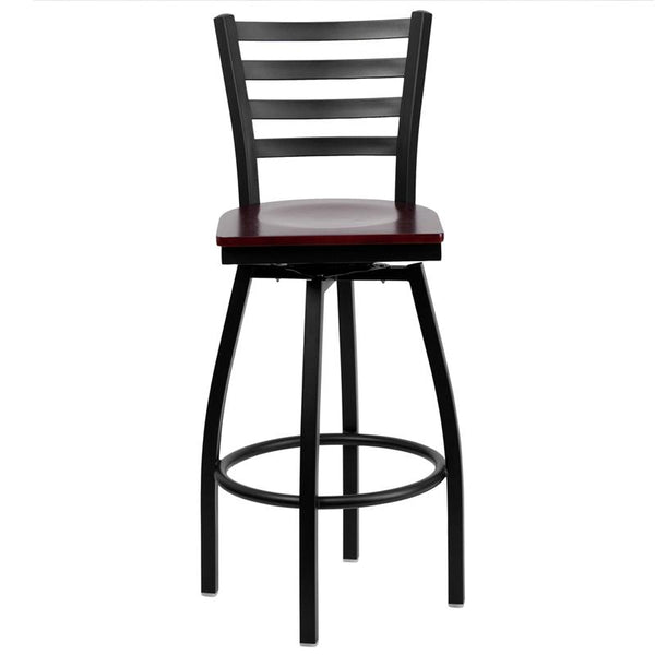 Flash Furniture HERCULES Series Black Ladder Back Swivel Metal Barstool - Mahogany Wood Seat - XU-6F8B-LADSWVL-MAHW-GG