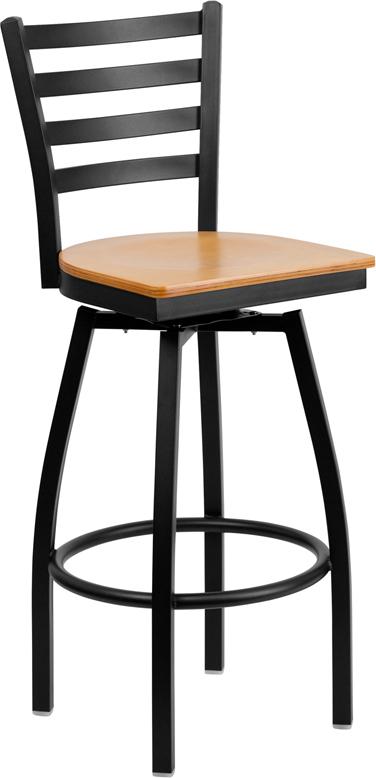 Flash Furniture HERCULES Series Black Ladder Back Swivel Metal Barstool - Natural Wood Seat - XU-6F8B-LADSWVL-NATW-GG