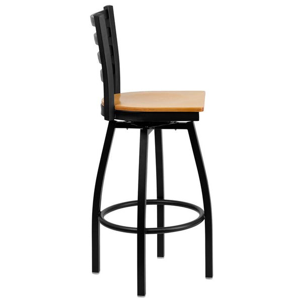 Flash Furniture HERCULES Series Black Ladder Back Swivel Metal Barstool - Natural Wood Seat - XU-6F8B-LADSWVL-NATW-GG