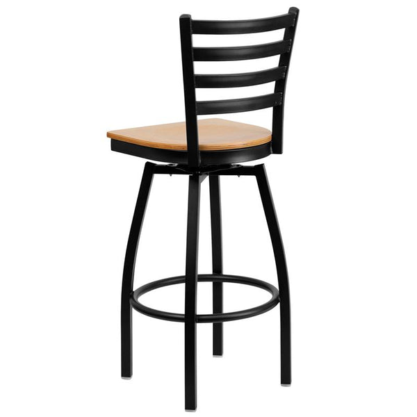 Flash Furniture HERCULES Series Black Ladder Back Swivel Metal Barstool - Natural Wood Seat - XU-6F8B-LADSWVL-NATW-GG