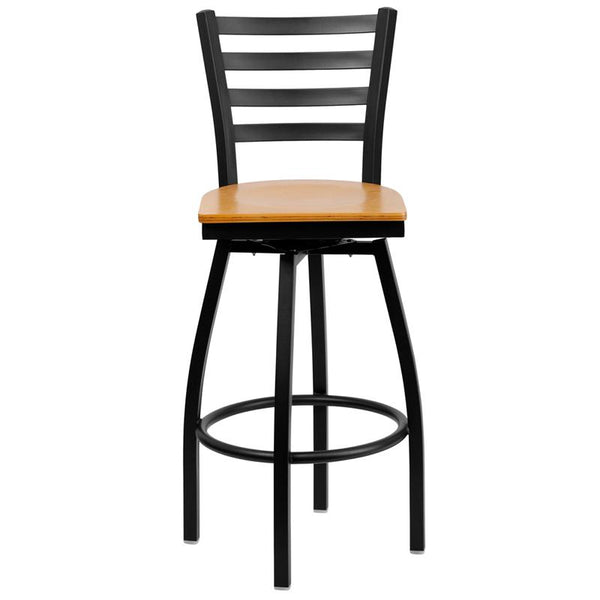 Flash Furniture HERCULES Series Black Ladder Back Swivel Metal Barstool - Natural Wood Seat - XU-6F8B-LADSWVL-NATW-GG