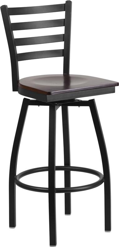 Flash Furniture HERCULES Series Black Ladder Back Swivel Metal Barstool - Walnut Wood Seat - XU-6F8B-LADSWVL-WALW-GG