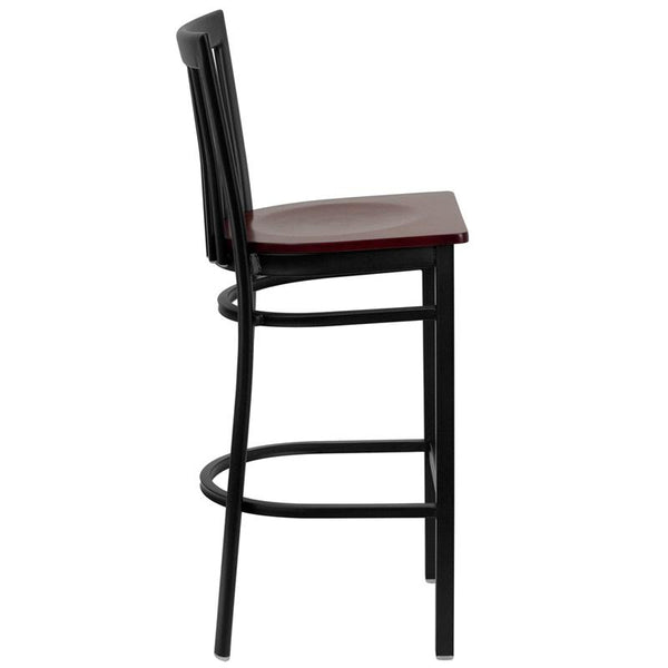 Flash Furniture HERCULES Series Black School House Back Metal Restaurant Barstool - Mahogany Wood Seat - XU-DG6R8BSCH-BAR-MAHW-GG