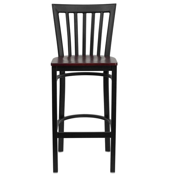 Flash Furniture HERCULES Series Black School House Back Metal Restaurant Barstool - Mahogany Wood Seat - XU-DG6R8BSCH-BAR-MAHW-GG