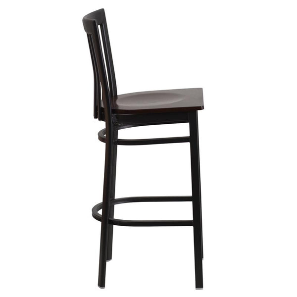 Flash Furniture HERCULES Series Black School House Back Metal Restaurant Barstool - Walnut Wood Seat - XU-DG6R8BSCH-BAR-WALW-GG