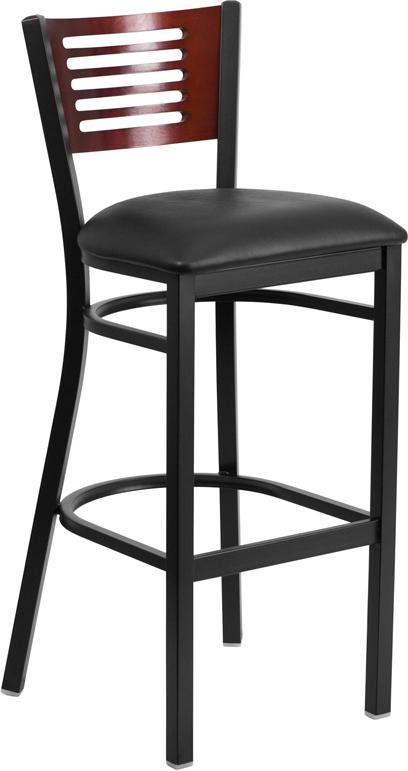 Flash Furniture HERCULES Series Black Slat Back Metal Restaurant Barstool - Mahogany Wood Back, Black Vinyl Seat - XU-DG-6H1B-MAH-BAR-BLKV-GG