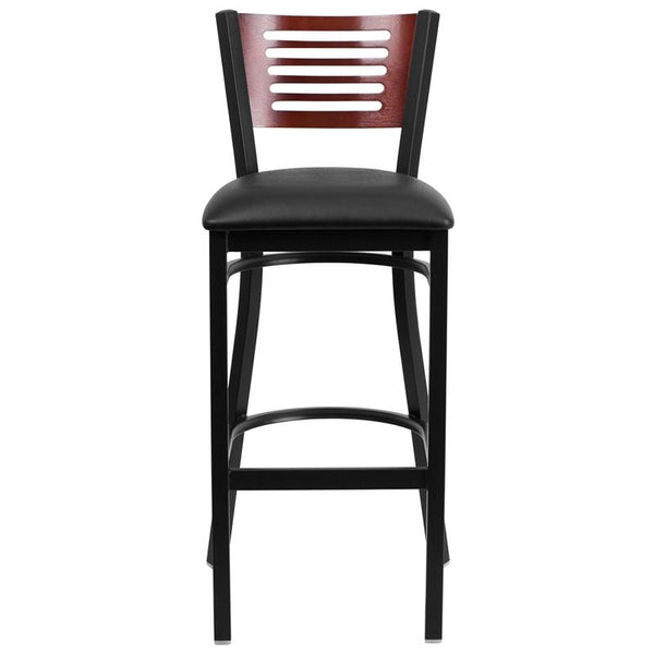 Flash Furniture HERCULES Series Black Slat Back Metal Restaurant Barstool - Mahogany Wood Back, Black Vinyl Seat - XU-DG-6H1B-MAH-BAR-BLKV-GG