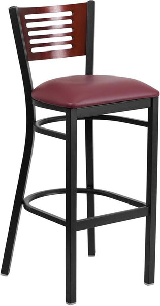 Flash Furniture HERCULES Series Black Slat Back Metal Restaurant Barstool - Mahogany Wood Back, Burgundy Vinyl Seat - XU-DG-6H1B-MAH-BAR-BURV-GG