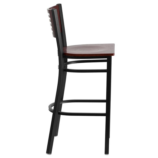 Flash Furniture HERCULES Series Black Slat Back Metal Restaurant Barstool - Mahogany Wood Back & Seat - XU-DG-6H1B-MAH-BAR-MTL-GG