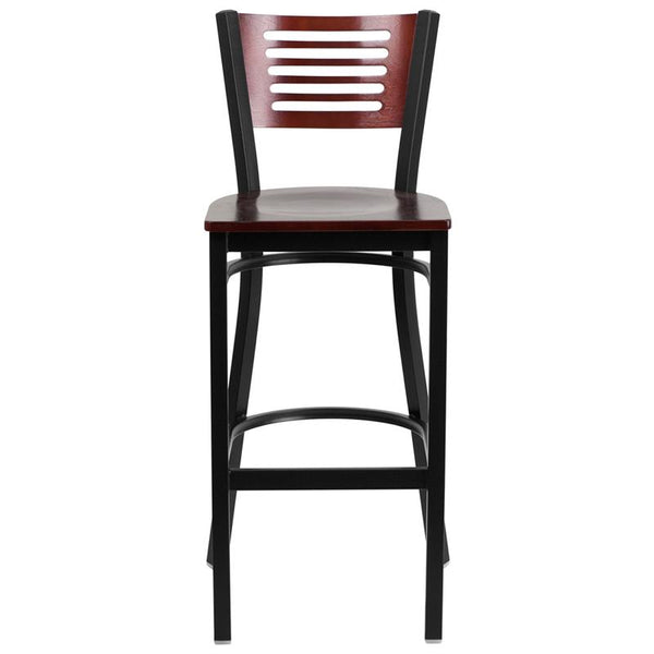 Flash Furniture HERCULES Series Black Slat Back Metal Restaurant Barstool - Mahogany Wood Back & Seat - XU-DG-6H1B-MAH-BAR-MTL-GG