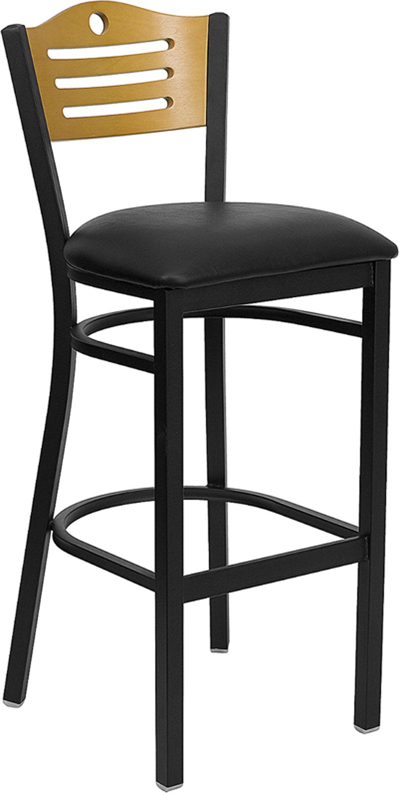 Flash Furniture HERCULES Series Black Slat Back Metal Restaurant Barstool - Natural Wood Back, Black Vinyl Seat - XU-DG-6H3B-SLAT-BAR-BLKV-GG