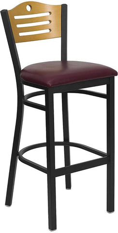 Flash Furniture HERCULES Series Black Slat Back Metal Restaurant Barstool - Natural Wood Back, Burgundy Vinyl Seat - XU-DG-6H3B-SLAT-BAR-BURV-GG