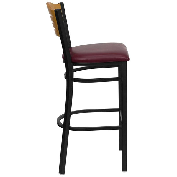 Flash Furniture HERCULES Series Black Slat Back Metal Restaurant Barstool - Natural Wood Back, Burgundy Vinyl Seat - XU-DG-6H3B-SLAT-BAR-BURV-GG