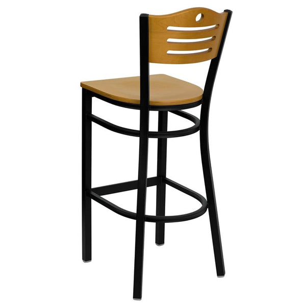 Flash Furniture HERCULES Series Black Slat Back Metal Restaurant Barstool - Natural Wood Back & Seat - XU-DG-6H3B-SLAT-BAR-NATW-GG