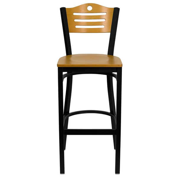 Flash Furniture HERCULES Series Black Slat Back Metal Restaurant Barstool - Natural Wood Back & Seat - XU-DG-6H3B-SLAT-BAR-NATW-GG