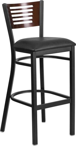 Flash Furniture HERCULES Series Black Slat Back Metal Restaurant Barstool - Walnut Wood Back, Black Vinyl Seat - XU-DG-6H1B-WAL-BAR-BLKV-GG