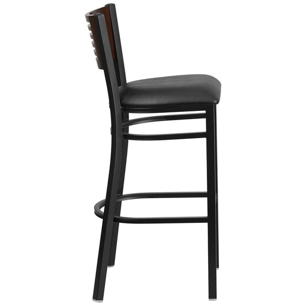 Flash Furniture HERCULES Series Black Slat Back Metal Restaurant Barstool - Walnut Wood Back, Black Vinyl Seat - XU-DG-6H1B-WAL-BAR-BLKV-GG