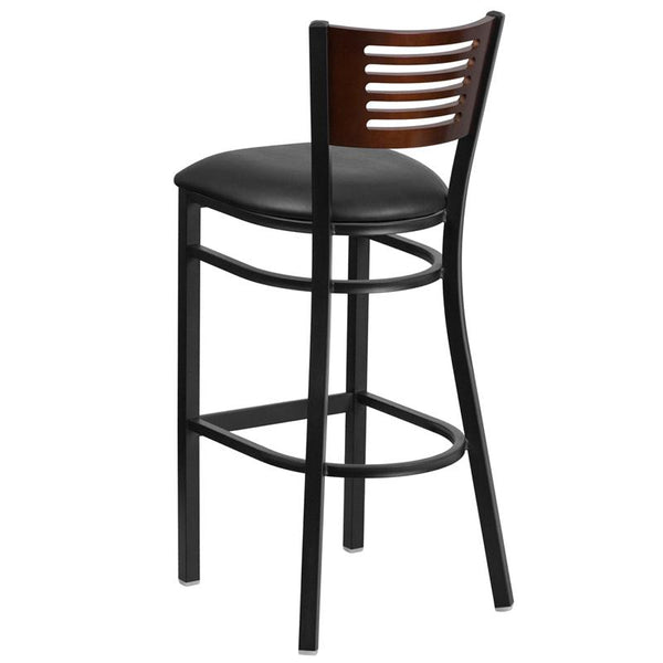 Flash Furniture HERCULES Series Black Slat Back Metal Restaurant Barstool - Walnut Wood Back, Black Vinyl Seat - XU-DG-6H1B-WAL-BAR-BLKV-GG