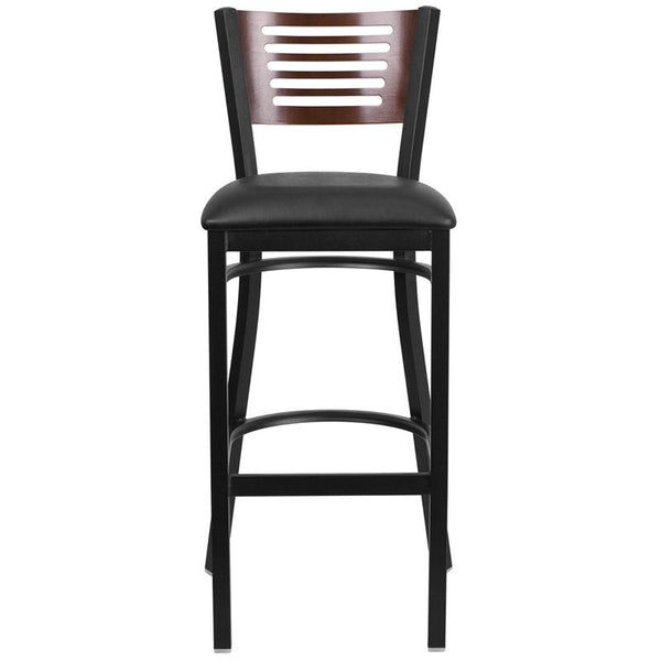 Flash Furniture HERCULES Series Black Slat Back Metal Restaurant Barstool - Walnut Wood Back, Black Vinyl Seat - XU-DG-6H1B-WAL-BAR-BLKV-GG