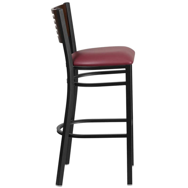 Flash Furniture HERCULES Series Black Slat Back Metal Restaurant Barstool - Walnut Wood Back, Burgundy Vinyl Seat - XU-DG-6H1B-WAL-BAR-BURV-GG