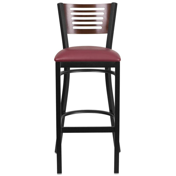 Flash Furniture HERCULES Series Black Slat Back Metal Restaurant Barstool - Walnut Wood Back, Burgundy Vinyl Seat - XU-DG-6H1B-WAL-BAR-BURV-GG