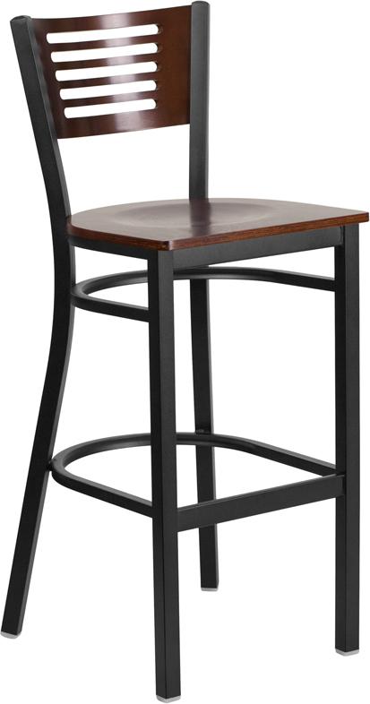 Flash Furniture HERCULES Series Black Slat Back Metal Restaurant Barstool - Walnut Wood Back & Seat - XU-DG-6H1B-WAL-BAR-MTL-GG