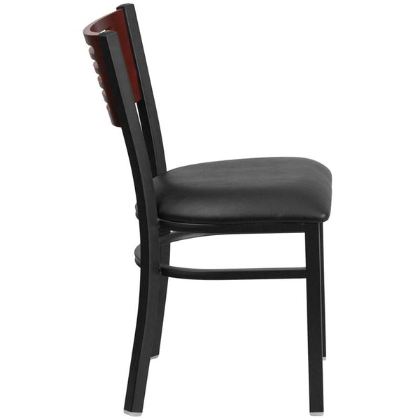 Flash Furniture HERCULES Series Black Slat Back Metal Restaurant Chair - Mahogany Wood Back, Black Vinyl Seat - XU-DG-6G5B-MAH-BLKV-GG