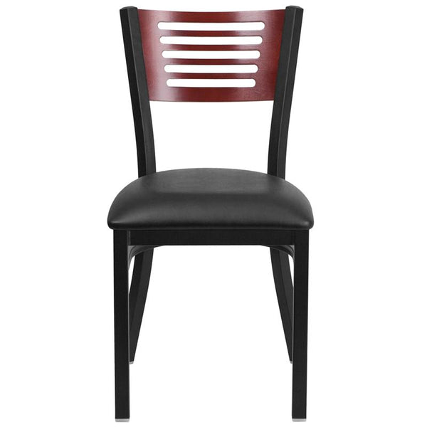 Flash Furniture HERCULES Series Black Slat Back Metal Restaurant Chair - Mahogany Wood Back, Black Vinyl Seat - XU-DG-6G5B-MAH-BLKV-GG