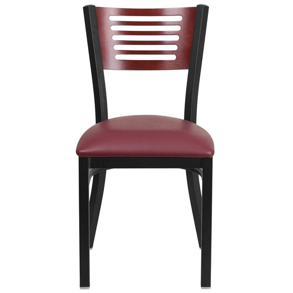Flash Furniture HERCULES Series Black Slat Back Metal Restaurant Chair - Mahogany Wood Back, Burgundy Vinyl Seat - XU-DG-6G5B-MAH-BURV-GG